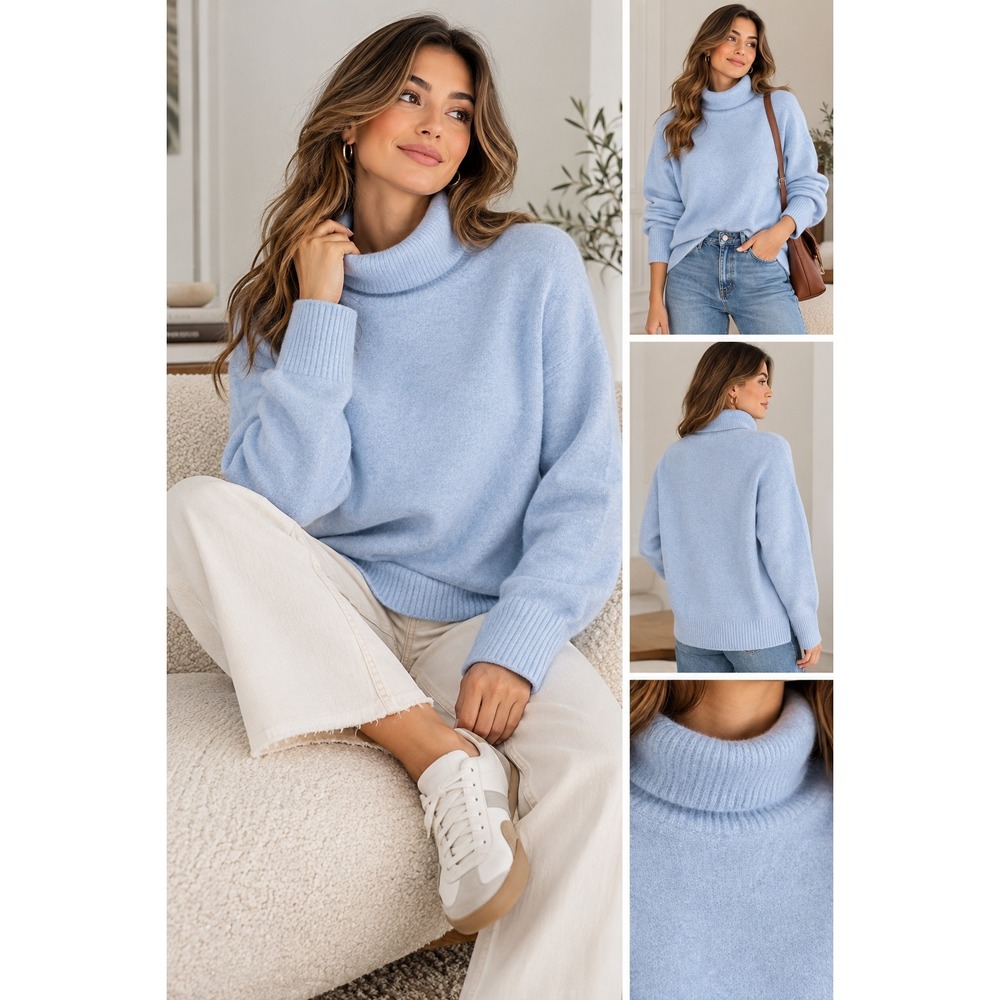 Womens M J. Crew Sweater Blue Wool Blend Extra Soft Turtleneck Pullover Knit